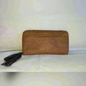 Brown Pebble Leather Fossil Zipper Wallet with Black Leathers Tassle